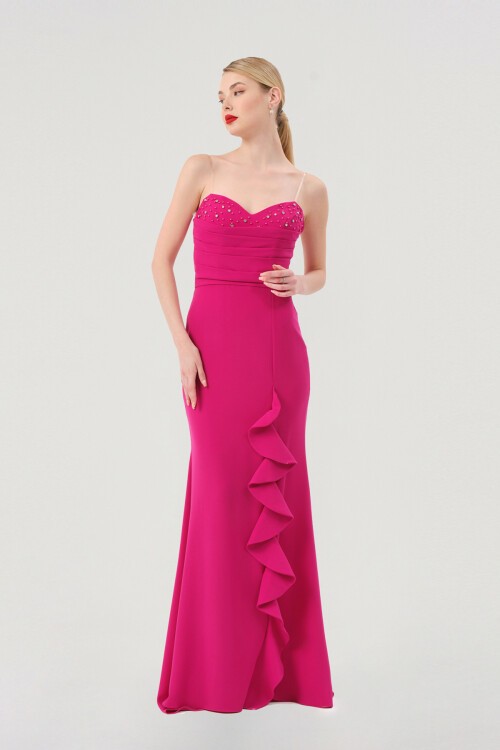 Volanlı İncili Straplez Elbise - 1561