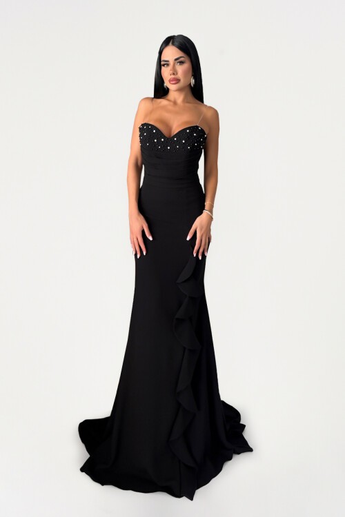 Volanlı İncili Straplez Elbise - 1561