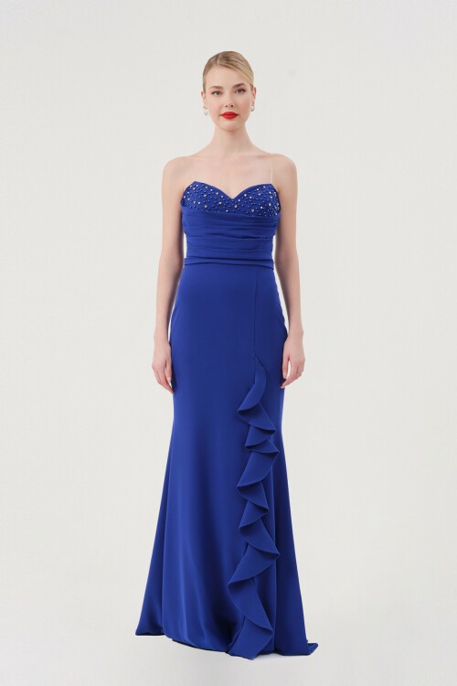 Volanlı İncili Straplez Elbise - 1561