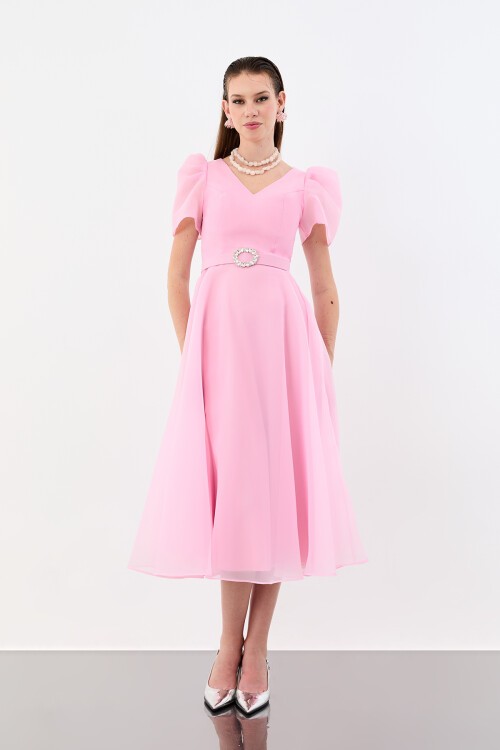 Volümlü Kol Detaylı Şifon Midi Elbise - 1958