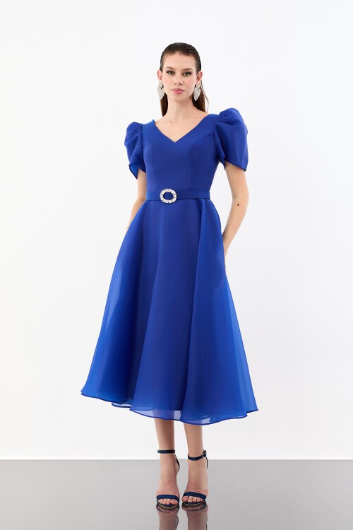 Volümlü Kol Detaylı Şifon Midi Elbise - 1958