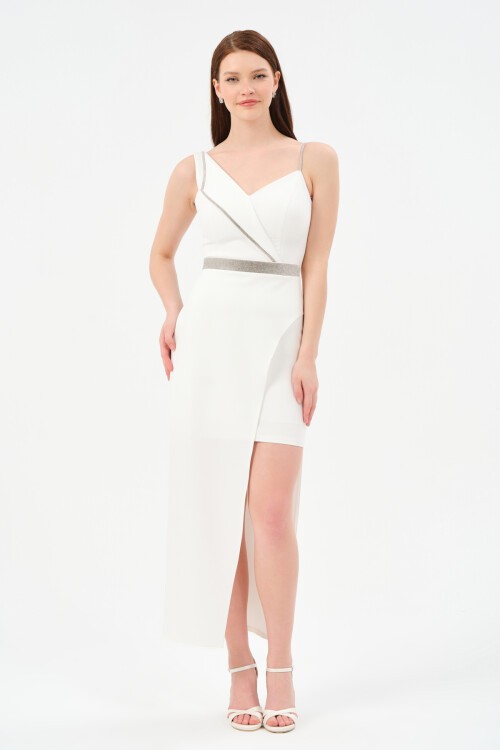 Yaka Detaylı Taşlı Asimetrik Elbise - 1252