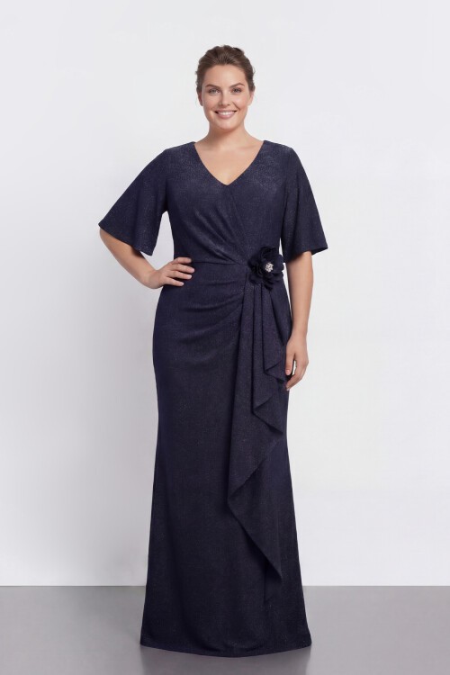 Yarım Kollu Drapeli Çiçek Detaylı Uzun Abiye - 2133