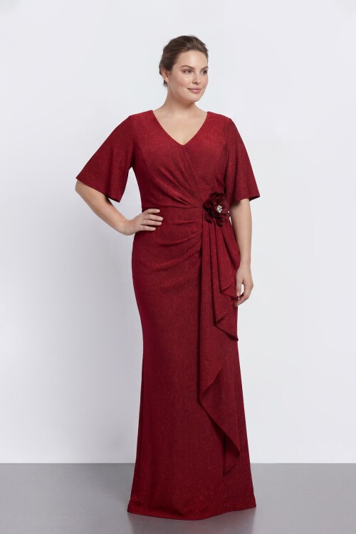 Yarım Kollu Drapeli Çiçek Detaylı Uzun Abiye - 2133