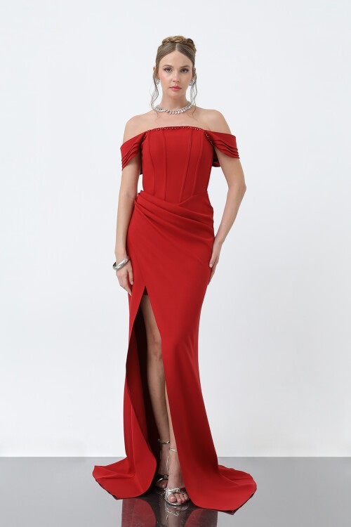 Yırtmaçlı Straplez Elbise - 1877