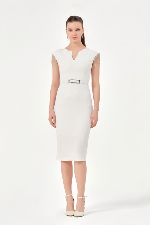 Zincir Detaylı Kemerli Midi Elbise - 1200