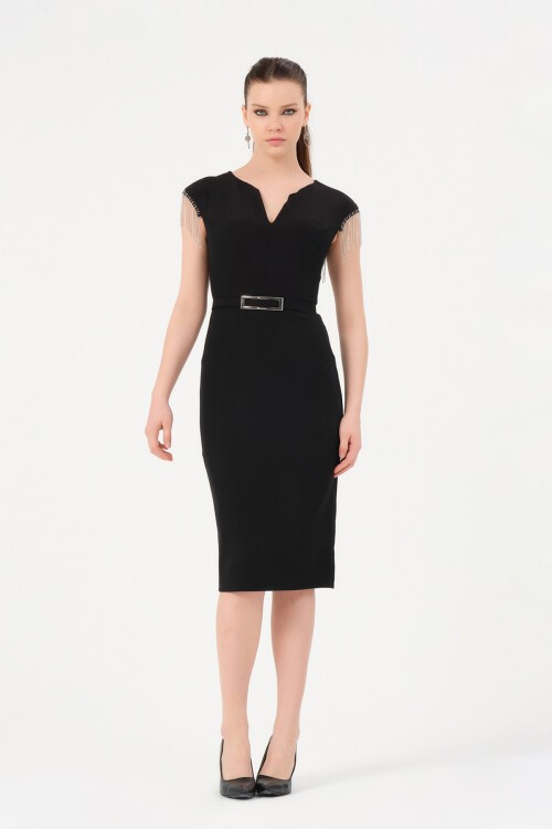 Zincir Detaylı Kemerli Midi Elbise - 1200