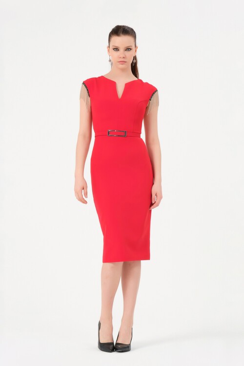 Zincir Detaylı Kemerli Midi Elbise - 1200