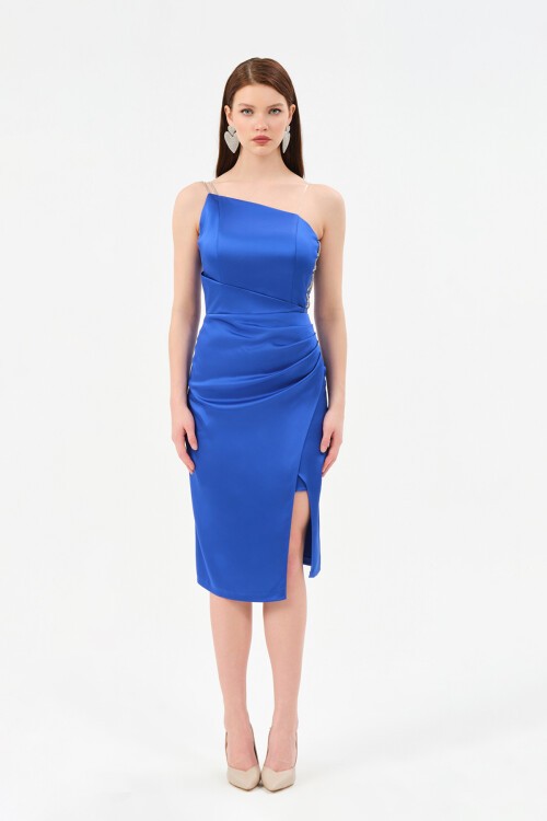 Zincir Detaylı Tek Omuzlu Midi Elbise - 1537