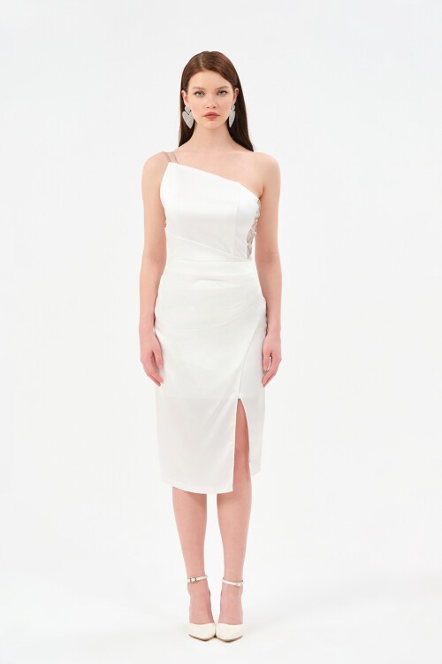 Zincir Detaylı Tek Omuzlu Midi Elbise - 1537