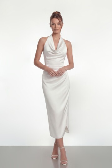 Saten Halter Yaka Drapeli Midi Abiye - 2084