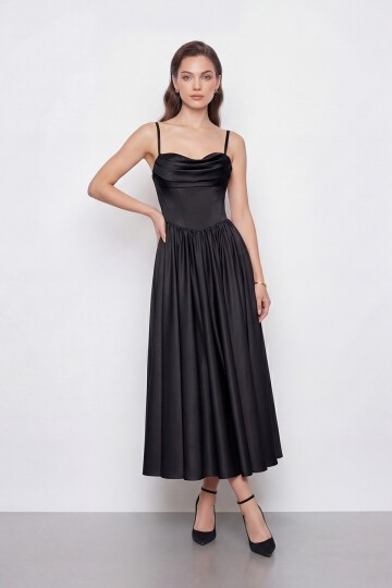 Askılı Drapeli Midi Elbise - 2070