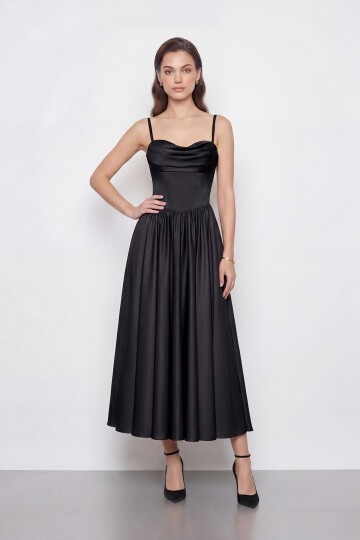 Askılı Drapeli Midi Elbise - 2070