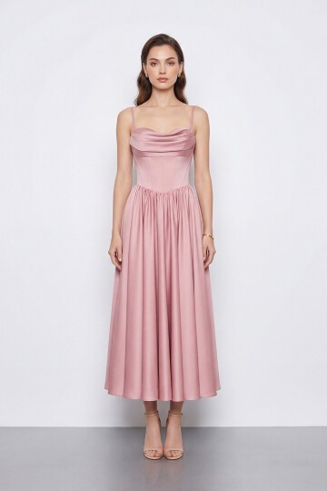 Askılı Drapeli Midi Elbise - 2070