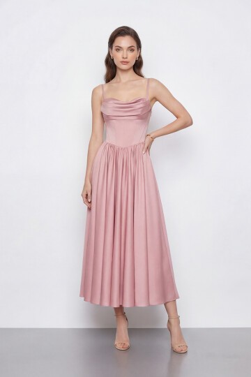 Askılı Drapeli Midi Elbise - 2070