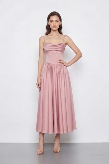 Askılı Drapeli Midi Elbise - 2070