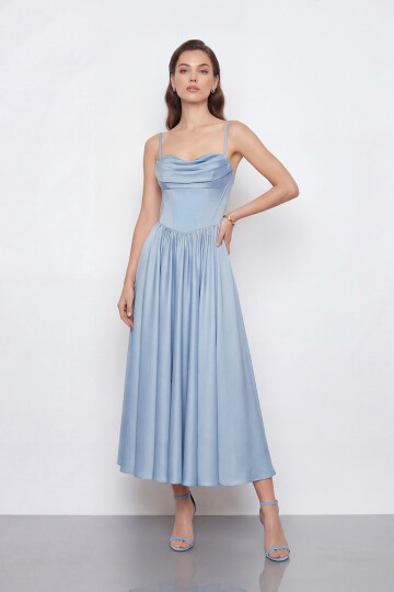 Askılı Drapeli Midi Elbise - 2070