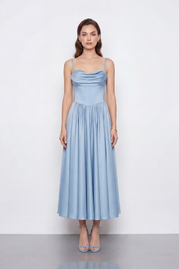 Askılı Drapeli Midi Elbise - 2070