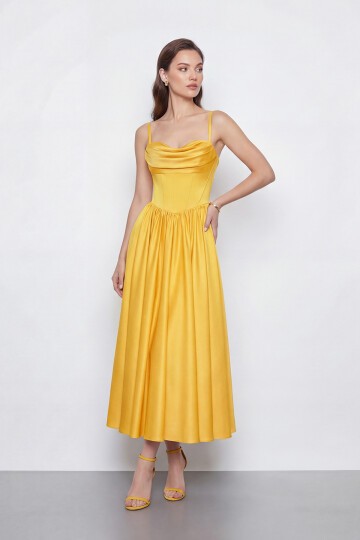 Askılı Drapeli Midi Elbise - 2070