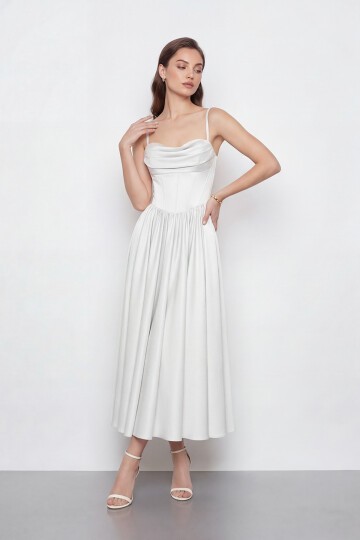 Askılı Drapeli Midi Elbise - 2070