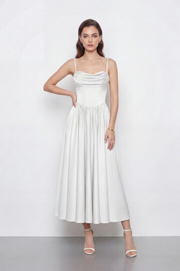 Askılı Drapeli Midi Elbise - 2070