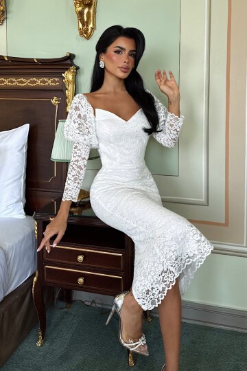 Balon Kol Detaylı Straplez Midi Elbise - 1594