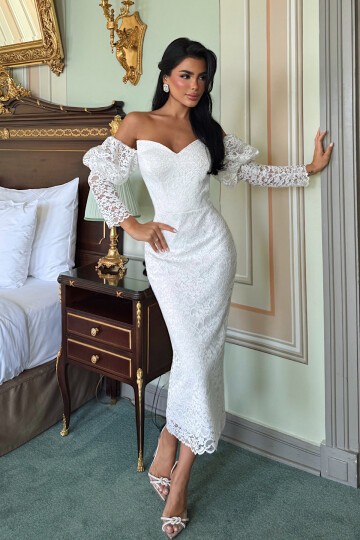 Balon Kol Detaylı Straplez Midi Elbise - 1594