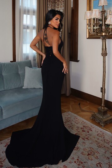 Boyundan Bağlamalı Taş İşlemeli Elbise - 1821