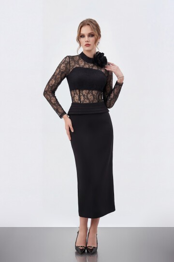 Dantel Büstiyer Detaylı Midi Elbise - 2041
