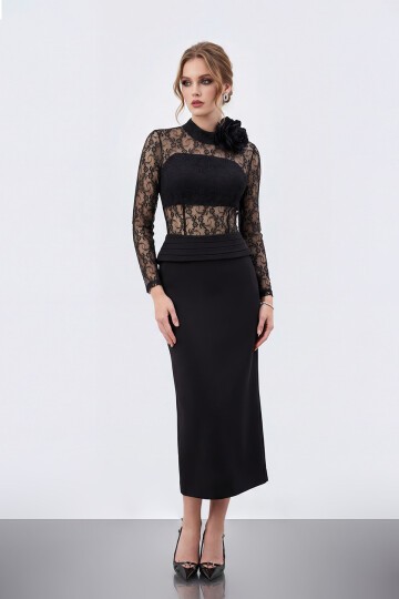 Dantel Büstiyer Detaylı Midi Elbise - 2041