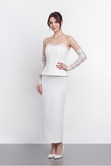 Dantel Eldiven Detaylı Straplez Korsaj Midi Abiye - 2116