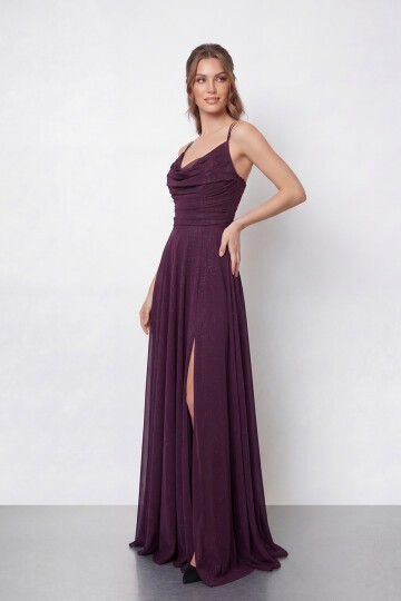 Dökümlü Yaka ve Yırtmaç Detaylı Işıltılı Uzun Abiye - 2042