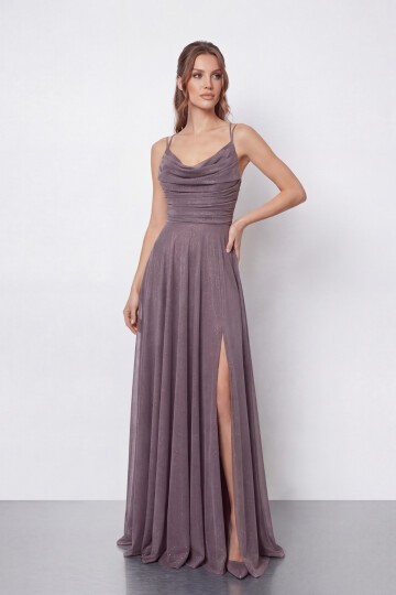 Dökümlü Yaka ve Yırtmaç Detaylı Işıltılı Uzun Abiye - 2042