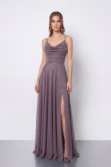 Dökümlü Yaka ve Yırtmaç Detaylı Işıltılı Uzun Abiye - 2042