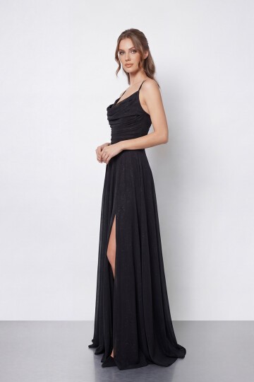 Dökümlü Yaka ve Yırtmaç Detaylı Işıltılı Uzun Abiye - 2042