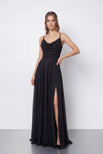 Dökümlü Yaka ve Yırtmaç Detaylı Işıltılı Uzun Abiye - 2042