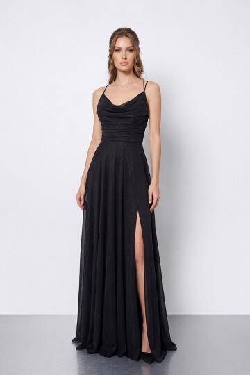 Dökümlü Yaka ve Yırtmaç Detaylı Işıltılı Uzun Abiye - 2042