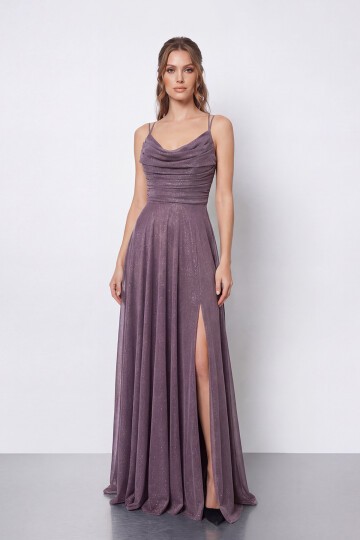 Dökümlü Yaka ve Yırtmaç Detaylı Işıltılı Uzun Abiye - 2042