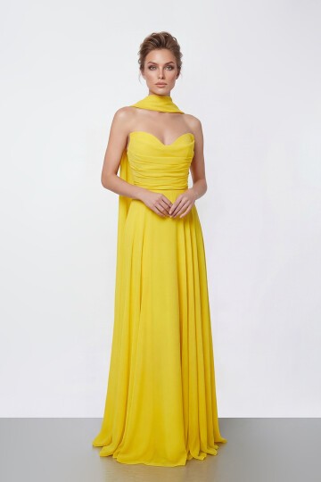 Drapeli Straplez Şifon Uzun Abiye - 2051