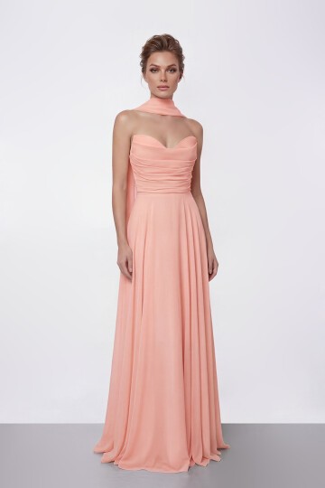 Drapeli Straplez Şifon Uzun Abiye - 2051