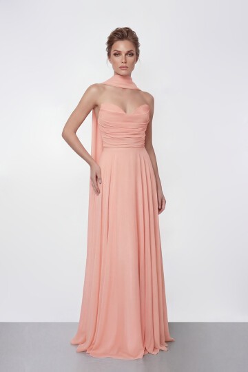 Drapeli Straplez Şifon Uzun Abiye - 2051