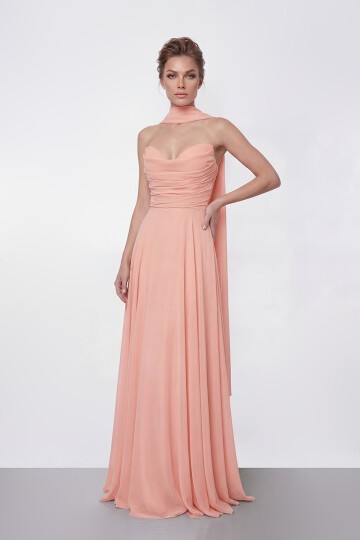 Drapeli Straplez Şifon Uzun Abiye - 2051