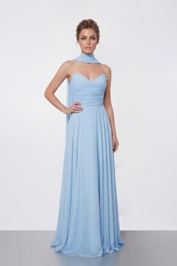 Drapeli Straplez Şifon Uzun Abiye - 2051