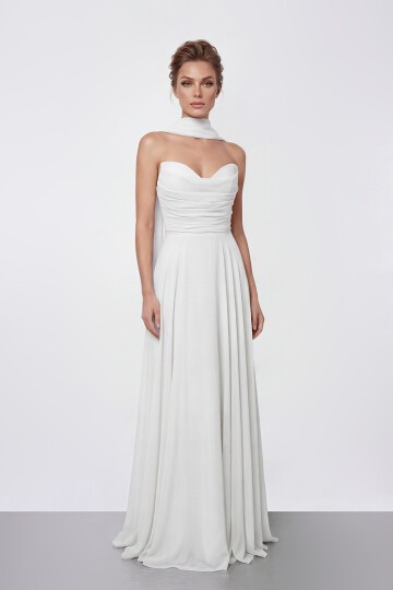 Drapeli Straplez Şifon Uzun Abiye - 2051