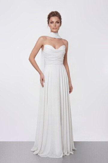 Drapeli Straplez Şifon Uzun Abiye - 2051