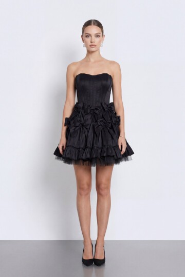 Fiyonk İşlemeli Straplez Korseli Mini Abiye - 2144