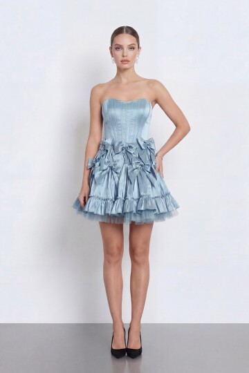 Fiyonk İşlemeli Straplez Korseli Mini Abiye - 2144