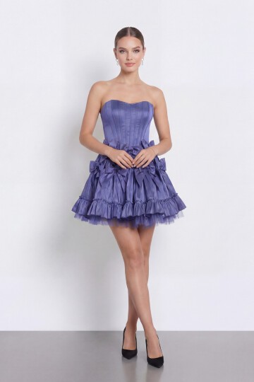 Fiyonk İşlemeli Straplez Korseli Mini Abiye - 2144