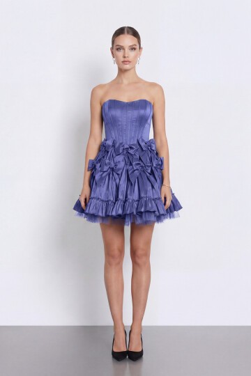 Fiyonk İşlemeli Straplez Korseli Mini Abiye - 2144