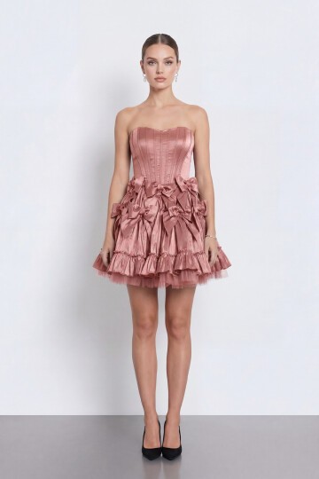 Fiyonk İşlemeli Straplez Korseli Mini Abiye - 2144